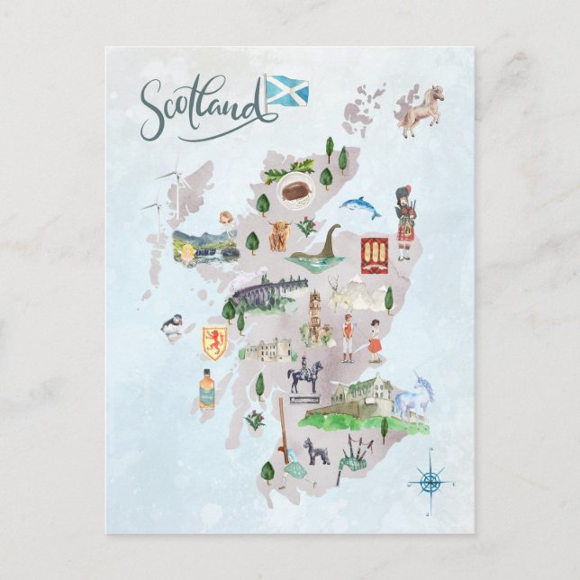 Cartão Postal Mapa Ilustrado de Escócia em Aquarela Arte (Frente)