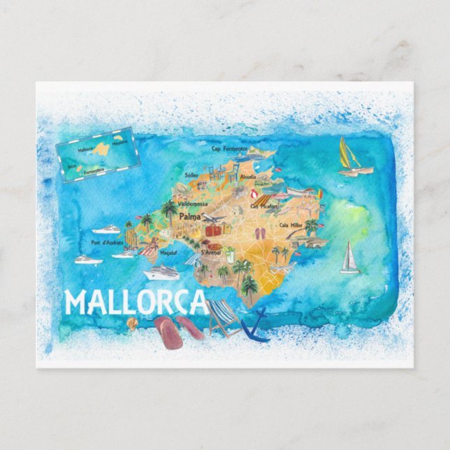 Cartão Postal Mapa Ilustrado de Espanha de Maiorca com Pontos de (Frente)