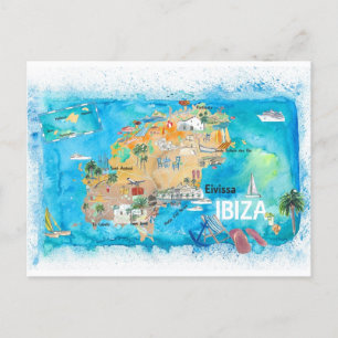 Cartão Postal Mapa Ilustrado de Espanha Ibiza com Pontos de Vist