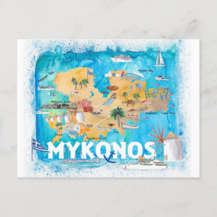 Cartão Postal Mapa Ilustrado de Grécia do Mykonos com Estradas P