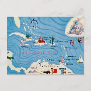 Cartão Postal Mapa Ilustrado de Ilhas de Caribe