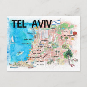 Cartão Postal Mapa Ilustrado de Israel em Tel Aviv com Estradas