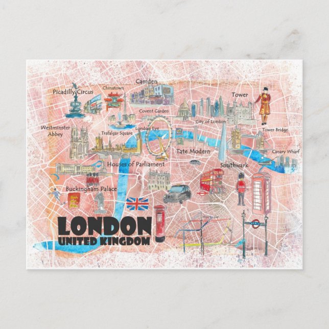 Cartão Postal Mapa Ilustrado de Londres no Reino Unido com Estra (Frente)