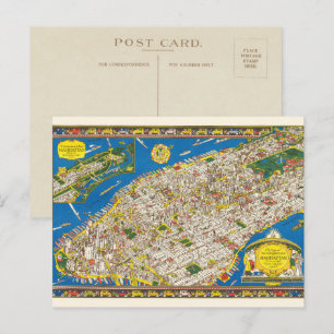 Cartão Postal Mapa Ilustrado de Manhattan Restaurado Divertido A