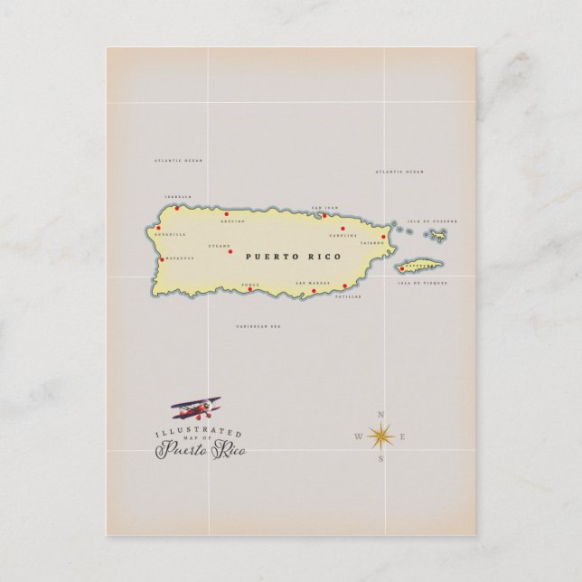Cartão Postal Mapa ilustrado de Porto Rico. (Frente)
