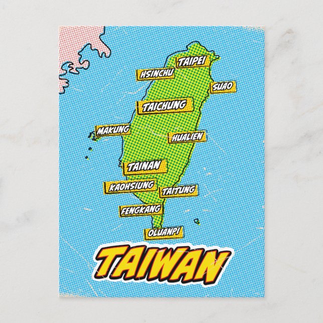 Cartão Postal Mapa ilustrado de Taiwan em Pop Art (Frente)
