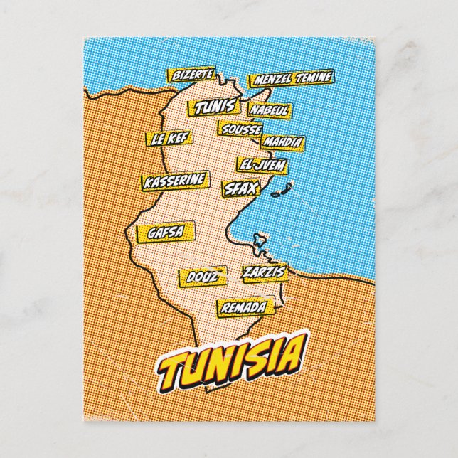 Cartão Postal Mapa ilustrado de Tunísia em Pop Art (Frente)