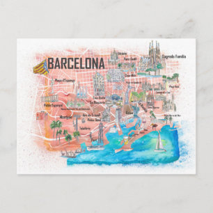 Cartão Postal Mapa ilustrado de Viagem de Barcelona com estradas