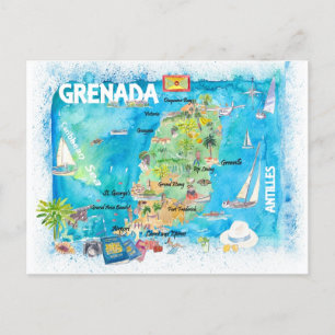 Cartão Postal Mapa Ilustrado de Viagem de Caribe das Antilhas de