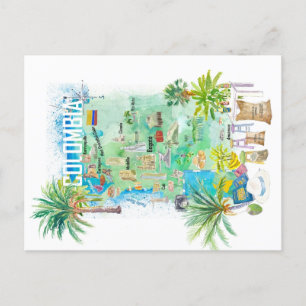 Cartão Postal Mapa Ilustrado de Viagens da Colômbia 