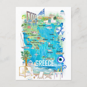 Cartão Postal Mapa Ilustrado de Viagens da Grécia no Mediterrâne