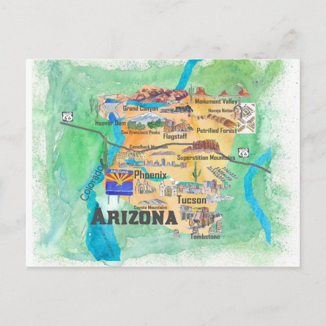 Cartão Postal Mapa Ilustrado de Viagens do Estado do Arizona EUA (Frente)