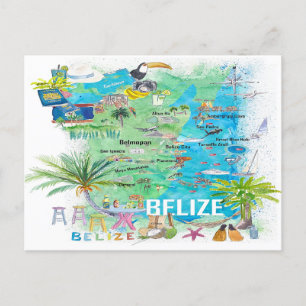 Cartão Postal Mapa Ilustrado do Caribe Belize com Estradas