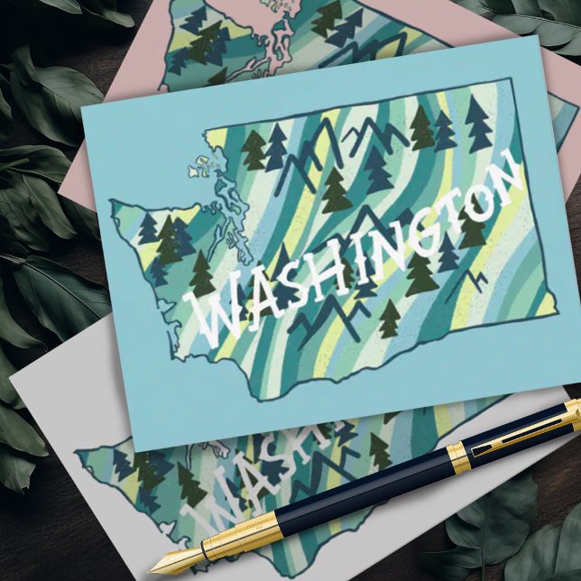 Cartão Postal Mapa Ilustrado do Estado de Washington (Washington State cute map illustrated postcard comes in several colors or change to your favorite! )