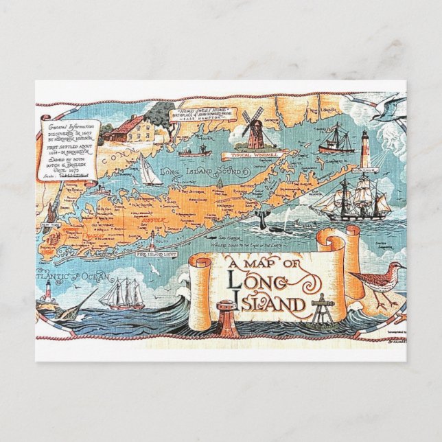 Cartão Postal Mapa Ilustrado do Long Island Postcard (Frente)