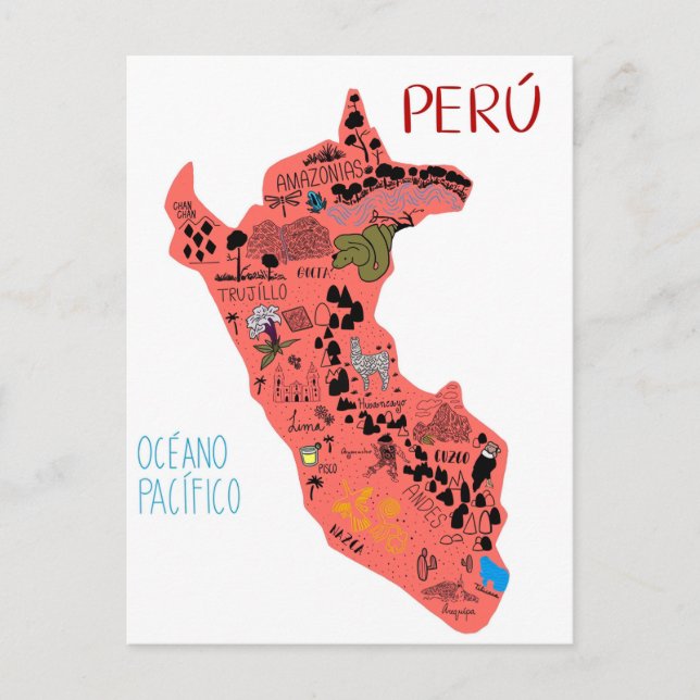 Cartão Postal Mapa Ilustrado do Peru (Frente)