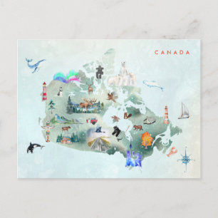 Cartão Postal Mapa Ilustrado em Aquarela da Arte do Canadá