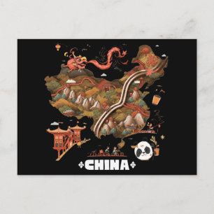 Cartão Postal Mapa Ilustrado Fofo da China com Dragão e Panda