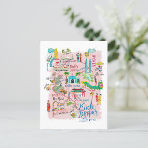 Cartão Postal Mapa ilustrativo de viagem de Kuala Lumpur