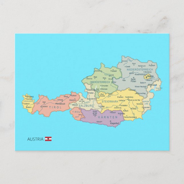 Cartão Postal Mapa isolado das regiões da Áustria (Frente)