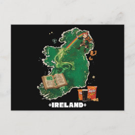 Cartão Postal Mapa Mágico da Irlanda Leprechaun Arco-íris