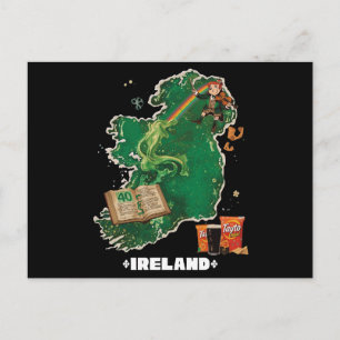 Cartão Postal Mapa Mágico da Irlanda Leprechaun Arco-íris