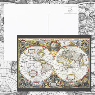 Cartão Postal Mapa Mundial Antigo por Hendrik Hondius, 1630
