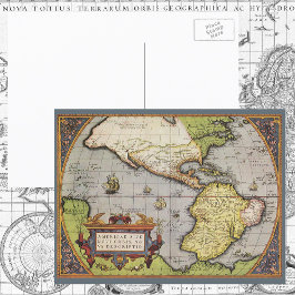 Cartão Postal Mapa Mundial Antiquado das Américas, 1570