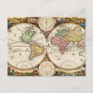 Cartão Postal Mapa Mundial Antiquado Dois Hemisférios Raros Arte