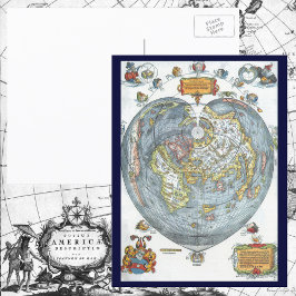 Cartão Postal Mapa Mundial Antiquado em Forma de Coração Vintage