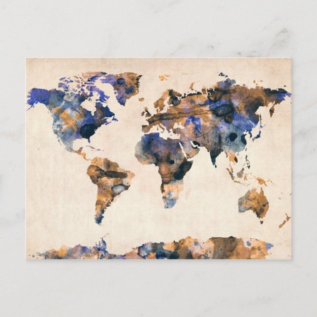 Cartão Postal Mapa Mundial Aquarela (Frente)