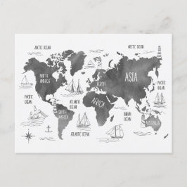 Cartão Postal Mapa Mundial Arte Preto Branco Náutico