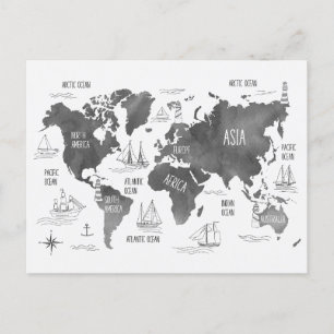 Cartão Postal Mapa Mundial Arte Preto Branco Náutico