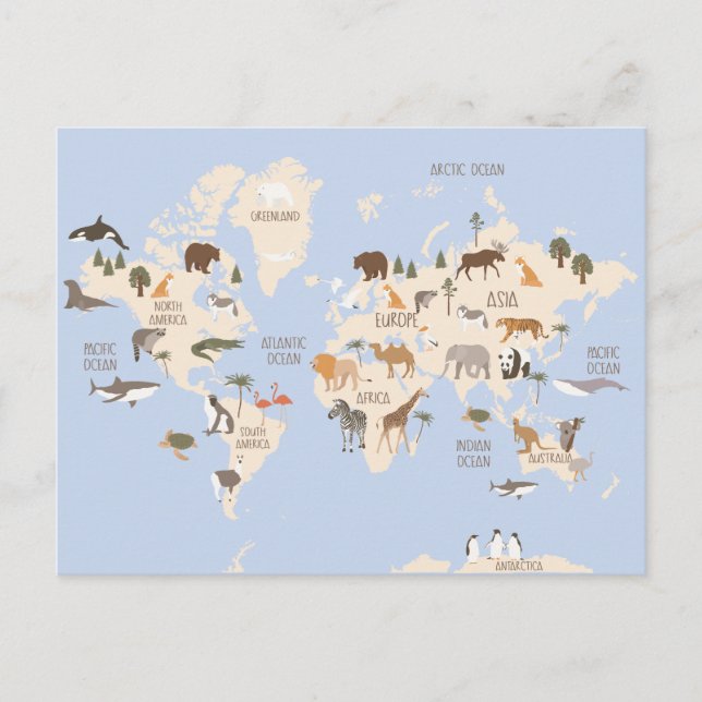 Cartão Postal Mapa Mundial com Animais (Frente)