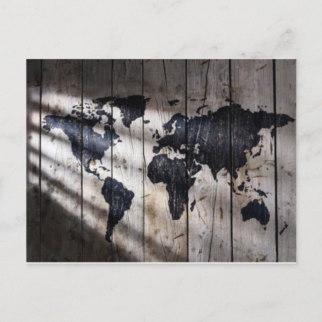 Cartão Postal Mapa mundial da textura da madeira (Frente)