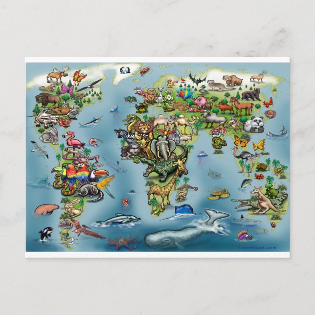 Cartão Postal Mapa Mundial de Animais (Frente)