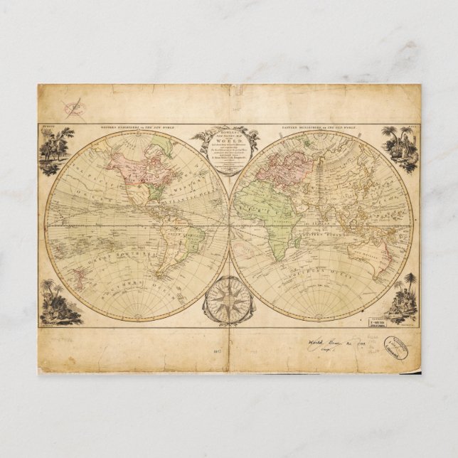 Cartão Postal Mapa mundial de Carington Bowles (1791) (Frente)