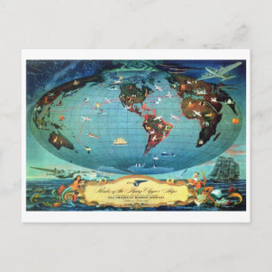 Cartão Postal Mapa Mundial de Rotas Aéreas Vintage Viagem
