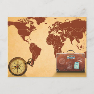 Cartão Postal Mapa Mundial de Viagem Aventura Vintage
