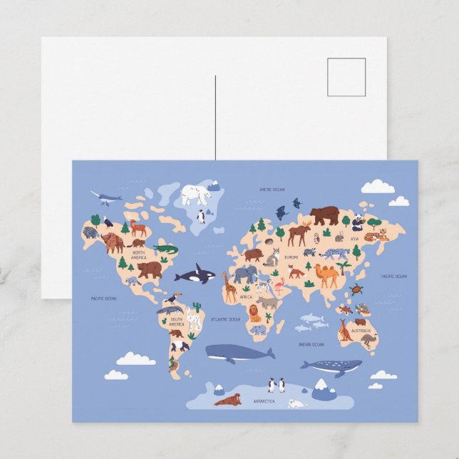 Cartão Postal mapa mundial infantil com animais (Frente/Verso)
