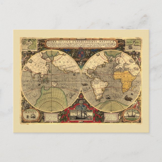 Cartão Postal Mapa Mundial Náutico Antiquado (Frente)