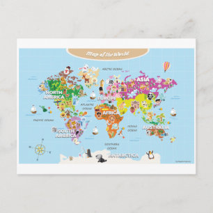 Cartão Postal Mapa Mundial para Crianças - Bonito e Divertido