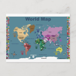 Cartão Postal Mapa Mundial para Crianças com Sinalizadores