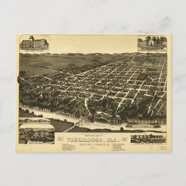 Cartão Postal Mapa Perspectivo de Tuskaloosa Alabama (1887) (Frente)