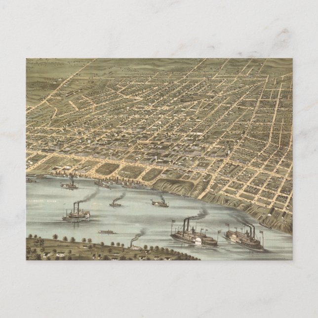 Cartão Postal Mapa Pictórico Antigo de Memphis Tennessee (1870) (Frente)