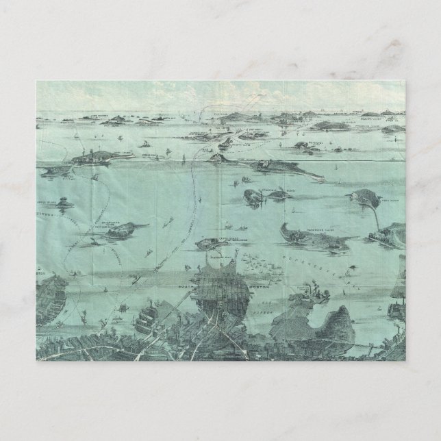 Cartão Postal Mapa Pictórico Antigo do Porto de Boston (1897) (Frente)