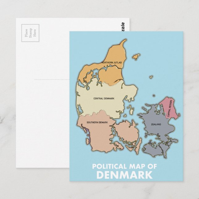 Cartão Postal Mapa político da Dinamarca (Frente/Verso)
