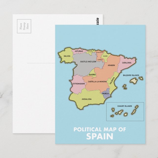 Cartão Postal Mapa político da Espanha. (Frente/Verso)