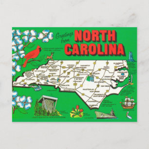 Cartão Postal Mapa Retro da Carolina do Norte