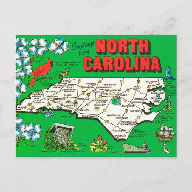 Cartão Postal Mapa Retro da Carolina do Norte (Frente)